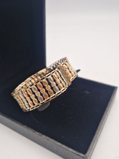 9ct Tri-Tone Gold Florentine Wide Bracelet - 8