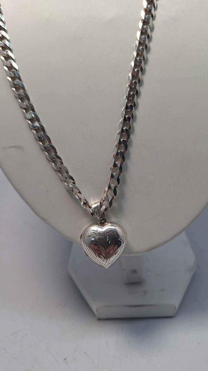 925 Sterling Silver Curb Chain Necklace With Opening Heart Locket Pendant - 31.6 Grams - 24