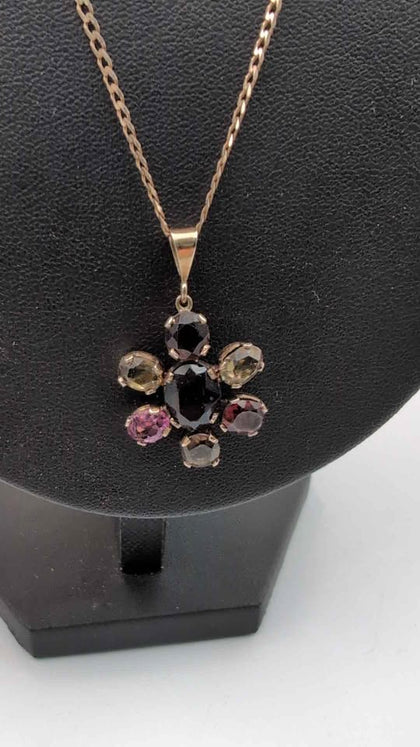 9ct Yellow Gold Curb Chain Necklace Multi Gem Flower Pendant - 24