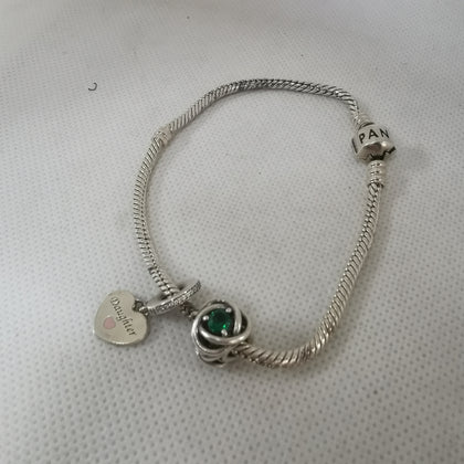 Pandora Bracelet with 2 Charms, Daughter Charm & Green Stone Charm, 25.50Grams, Hallmarked 925 ALE, Size: Approx. 8