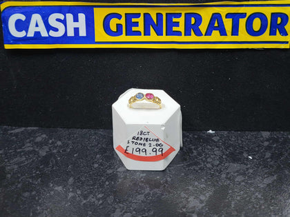 18ct Gold, Red and Blue Stone, Ring (Size I/J) 2.0g