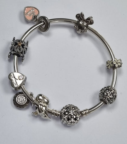 Pandora Moments Sparkling Snowflake Clasp Bangle + 8 Charms