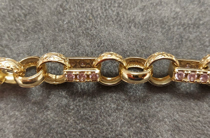 9ct Solid Yellow Gold Ornate Belcher Bracelet Set with Pink CZ Stones - 7.5