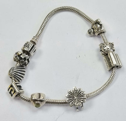 Pandora Bracelet 20cm with 8 Silver Charms (not pandora)
