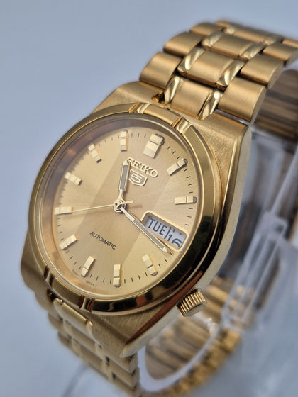 Seiko 5 7S26-01H0 Automatic Gold Plated Mens Day/Date Watch - Unboxed With Full Length Bracelet **LIKE NEW**