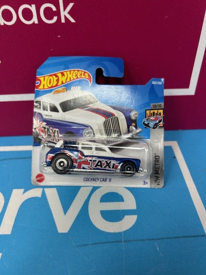 Hot Wheels Cockney Cab II (White & Blue) 10/10 HW Metro 2022 - 102/250 (Short Card) - Comes in A KLAS Car Keeper Protective Collectors Case - HCX10.