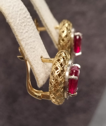 14ct Yellow Gold Heart Shape Earrings with Red & Clear Stones