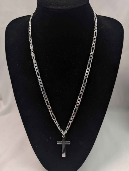 925 Sterling Silver 3-In-1 Figaro 3-in-1 Chain With Cross Pendant - 26.6 Grams - 24