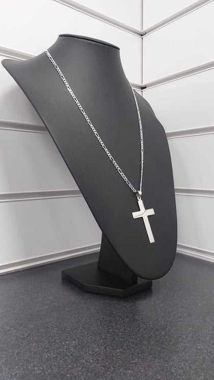 STERLING SILVER CROSS NECKLACE, FIGARO CHAIN,  925 HALLMARKED **BRAND NEW**