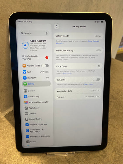 Apple iPad Mini 7th Gen A17 Pro 256GB - WiFi - 100% BH - 46 Cycle Count