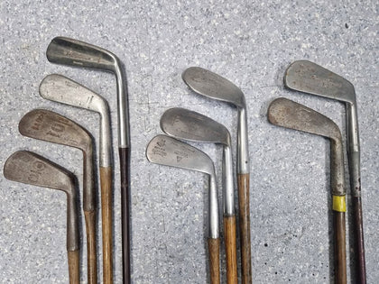 Vintage set of wooden handle gold clubs, rare selection, all clubs pictured are included, 15 + bag