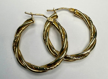 9ct Gold Twisted Patterned Hoop Earrings