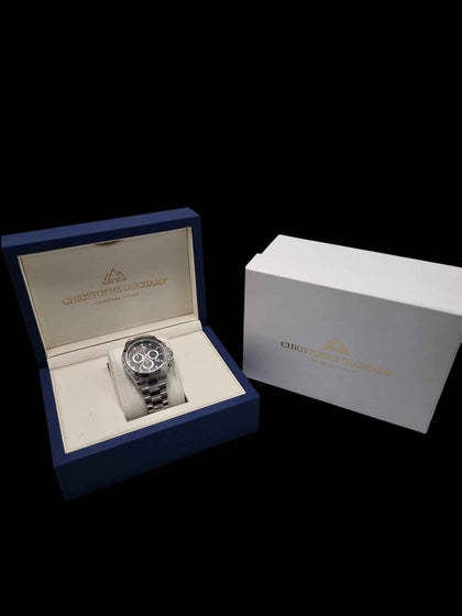 DX Christophe Duchamp Grand Mont Mens Quartz Chronograph Watch - Black Dial - Steel Bracelet BRAND NEW