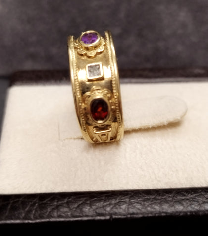 9ct Yellow Gold Medieval Style Diamond & Gem set Band Ring - Size N