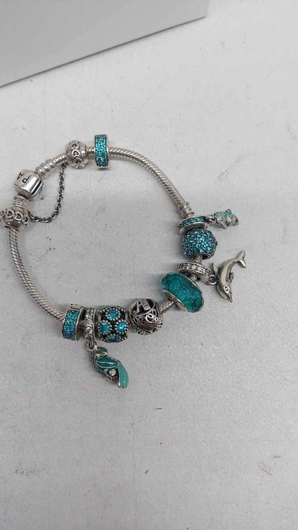 Pandora (ALE 925) Sterling Silver Charm Bracelet With 9x Turquoise Charms & Safety -Boxed - 8