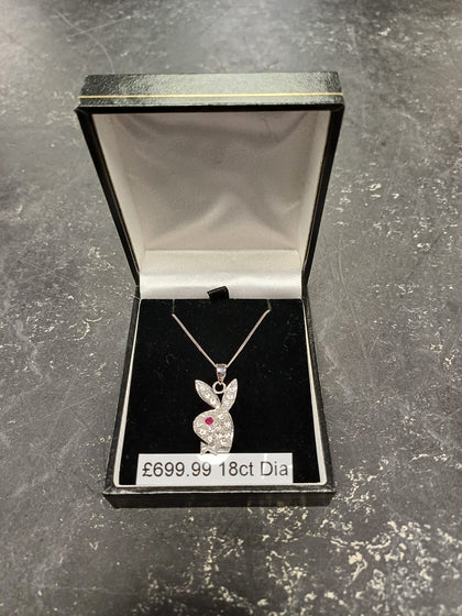 18ct White Gold Diamond Playboy Bunny Pendant and Chain 8.4g