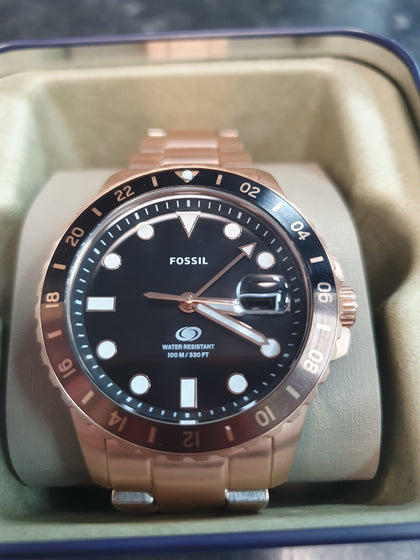 Fossil Blue GMT Rose Gold-Tone Stainless Steel Watch