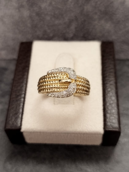 9ct Yellow Gold Diamond Set Buckle Ring - Size P