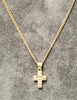 9ct Yellow Gold Cross Bezel Set with 6 Square Clear Stones on a 23" 9ct Gold Curb Chain