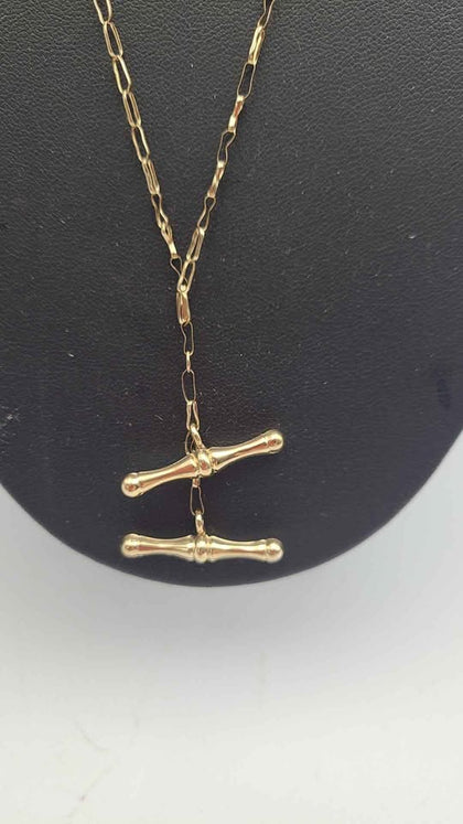 9ct Yellow Gold Fancy Link Chain Necklace With Double T-Bar Pendant - 4.62 Grams - 28