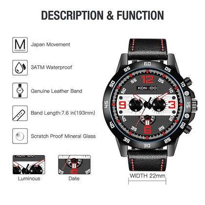 KONXIDO Waterproof Fashion Series Men’s Quartz Calendar Watch with Assorted Color Dial Analogue Display and Genuine Leather Strap - Fashion Design Dre.