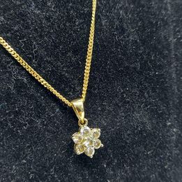 9CT Yellow Gold Thin Curb Chain Neckalce With CZ Flower Pendant - 18