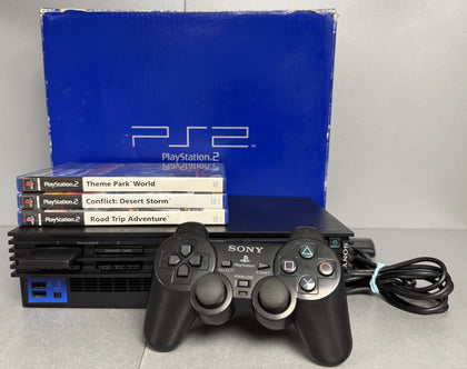 Sony Original Playstation 2 Console Bundle ( + Conflict: Desert Storm, Road Trip Adventure, Theme Park World ) ** Boxed **
