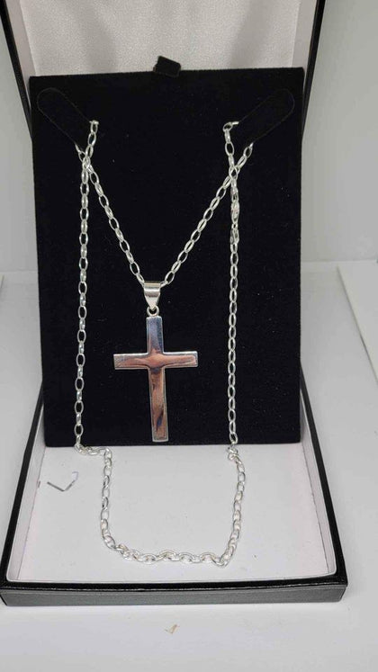 925 Sterling Silver Belcher Chain Necklace With Cross Pendant - 22