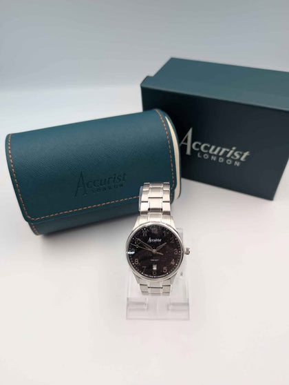 Accurist Classic Mens Dress Quartz Watch With Black Dial - Steel Bracelet - Boxed **BRAND NEW**