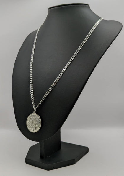 925 SILVER HALLMARKED, ST. CHRISTIPHOR PENDANT ON THIN CURBED CHAIN W/LOBSTER LOCK, 24