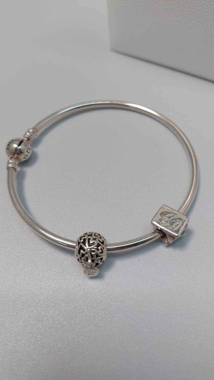 Pandora (ALE 925) Sterling Silver Bangle Bracelet With 2x Charms (Books & I Love You) - Boxed