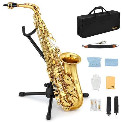 Eastar AS-II Student Alto Saxophone E Flat Gold Lacquer Alto Beginner Sax Full Kit with Carrying Sax Case Mouthpiece Straps Reeds Stand