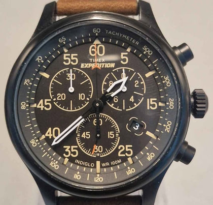 Timex T49905 Mens Expedition Indiglo Chronograph Watch - Leather Strap - Boxed