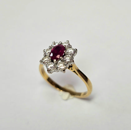 18ct Yellow Gold Ruby and Diamond Cluster Ring Size P