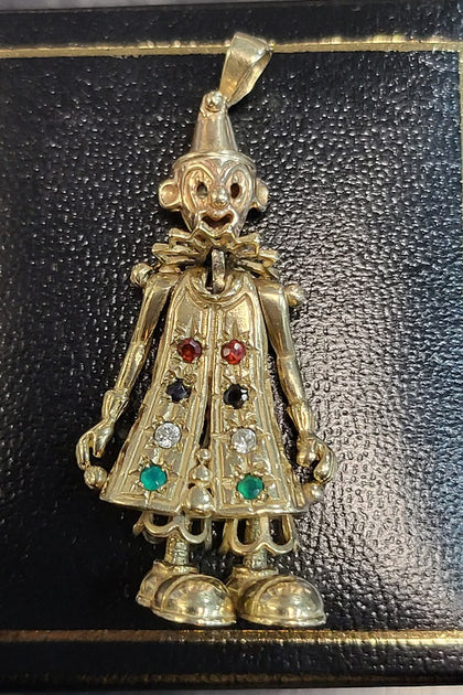 9CT - Yellow Gold Articulated Clown Pendant With Multi Coloured Stones - 6.1g. Hallmarked