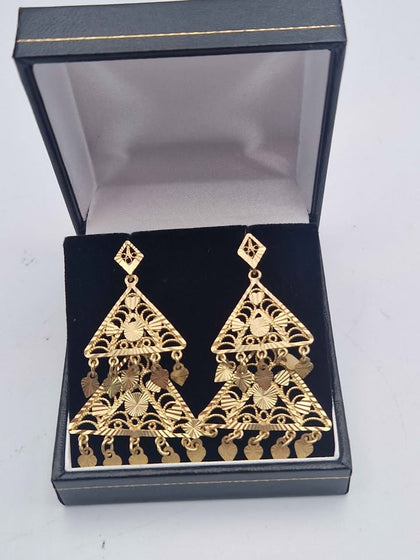 Pair of 9ct Yellow Gold Gypsy Style Dangle Drop Earrings – 8.14 Grams – Filigree Heart Charm Design