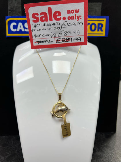 14ct Dolphin Pendant, 2.73g and 14ct Gold Chain, 1.7g