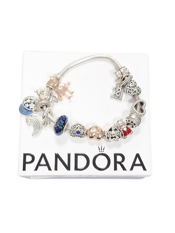 OFFICIAL PANDORA ROSE GOLD HEART CLASP SNAKE CHAIN SILVER BRACELET WITH 13 CHARMS, BOXED