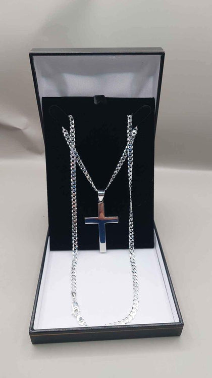 925 Sterling Silver Curb Chain Necklace With Cross Pendant - 24