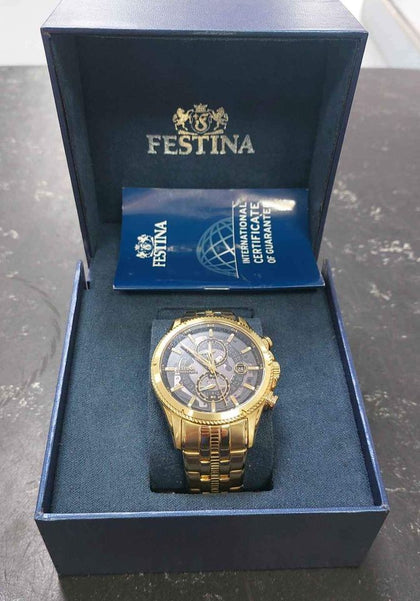 Festina F20269 Gold Plated Quartz Chronograph Watch On Steel Bracelet - Boxed.