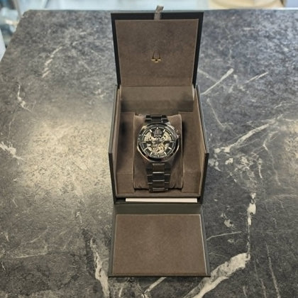 Bulova Mens Maquina Automatic Skeleton Gray Stainless Steel Watch 46MM 98A179