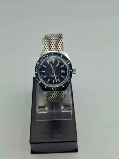 Timex Marlin 1970s Calendar Dive Watch – Manual Wind – Blue Dial – Steel Bracelet – Original Box