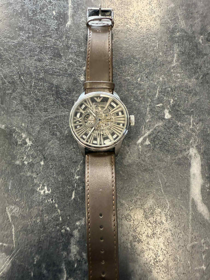 Emporio Armani - Mens AR4629 Black Leather Skeleton Meccanico Watch