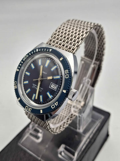 Timex Marlin 1970s Calendar Dive Watch – Manual Wind – Blue Dial – Steel Bracelet – Original Box