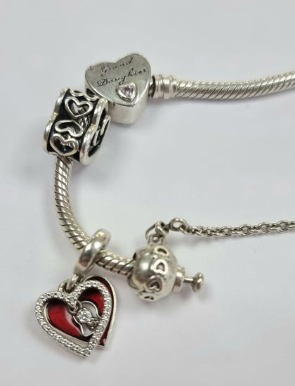 Pandora Bracelet with charms and safety chain 18cm