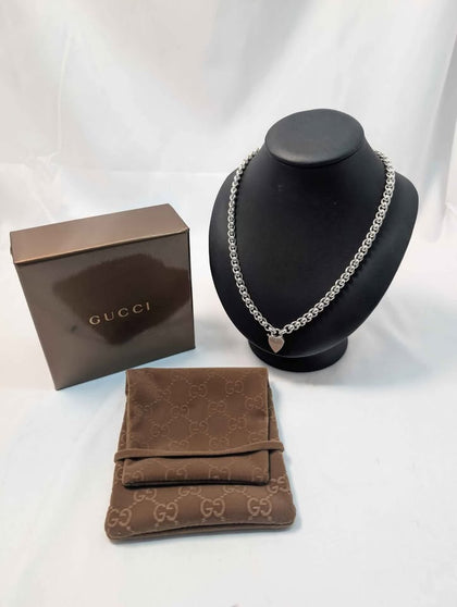 Gucci 925 Sterling Silver Bold Rollerball Chain Necklace with Gucci Logo Heart Clasp - 46.09 Grams - 18