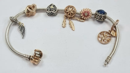 Pandora Snake Bracelet with Rose Gold Plated Barrel 21cm + Charms