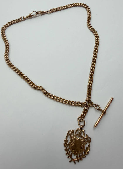 9ct 375 Rose Gold Double Albert Pocket Watch T-Bar Chain & Fob Necklace 18