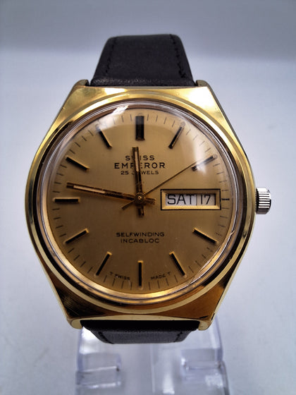 Swiss emperor automatic date classic gents watch with 18mm black leather strap BOXED