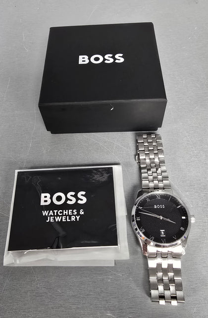 Boss Watch Black Dial + Silver Numbers. Stainless Steal Band ***Boxed With Extra Links***